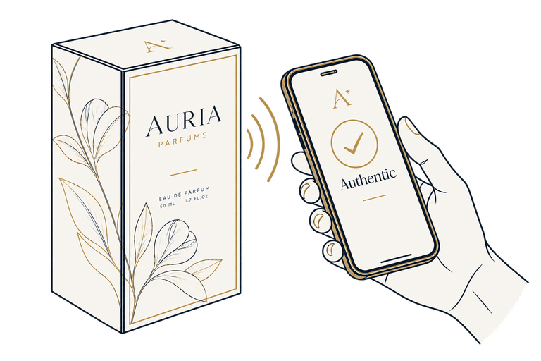 Un estuche de perfume y un teléfono junto a él, con la pantalla mostrando «Auténtico».
