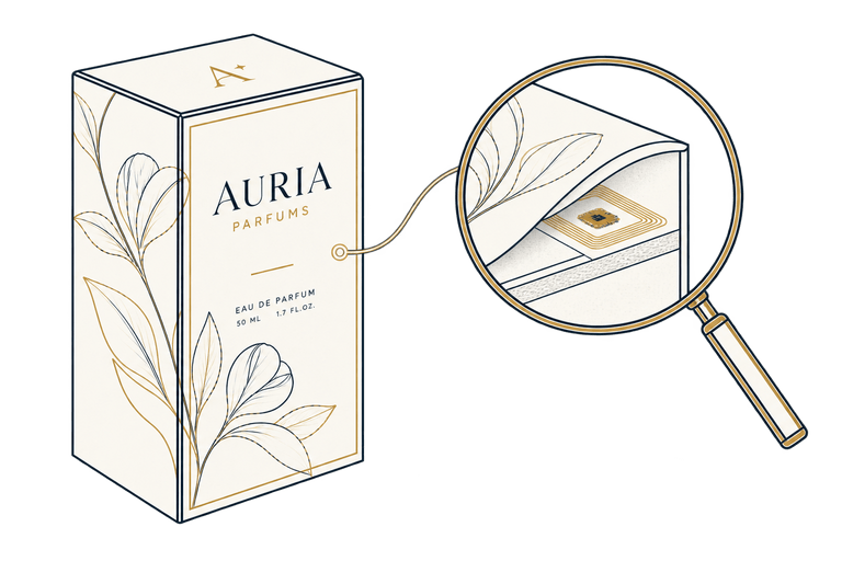Un estuche de perfume con una lupa encima, que muestra un pequeño chip integrado en el cartón.