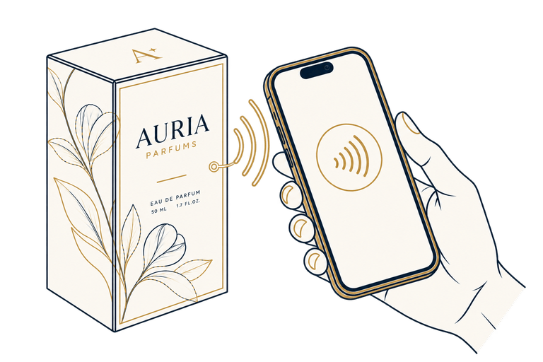 Un teléfono acercado a un estuche de perfume.