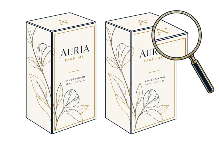 Dos estuches de perfume idénticos, uno de ellos bajo una lupa.