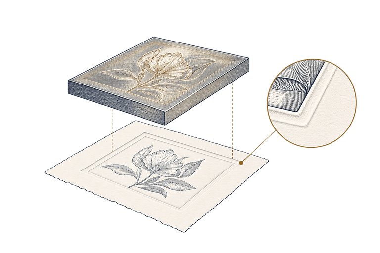 Una plancha calcográfica sobre una hoja de papel, con un detalle que muestra el reborde que la plancha deja impreso en el papel.