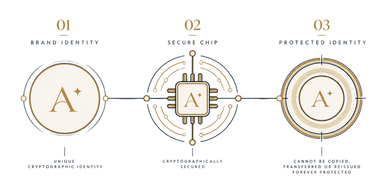 Un diagrama de tres etapas: la identidad criptográfica única de una marca, sellada en un chip seguro, que da una identidad que no se puede copiar, transferir ni reemitir.